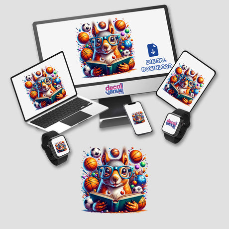 Squirrel Reading a Book with Glasses and Sports Balls artwork displayed on various devices, highlighting its versatility as stickers and digital art from Decal Venue.