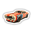 A Cool American Flag Muscle Car depicted with detailed star and stripe patterns, available as vinyl stickers or digital artwork, showcasing unique automotive design elements.
