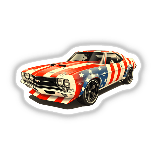 A Cool American Flag Muscle Car depicted with detailed star and stripe patterns, available as vinyl stickers or digital artwork, showcasing unique automotive design elements.