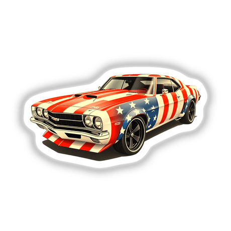A Cool American Flag Muscle Car depicted with detailed star and stripe patterns, available as vinyl stickers or digital artwork, showcasing unique automotive design elements.