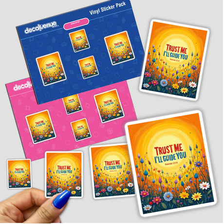 Fauvist Spring Cornflower “Trust Me, I’ll Guide You” Proverbs 3:5-6 Sticker or Clipart with flowers and sun, showcasing vibrant design elements, available as stickers or digital artwork.