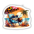 Beachy Blue Crab at Sunset decal features a whimsical blue crab in sunglasses lounging on a striped deck chair, sipping a coconut drink under a Maryland-inspired umbrella near a serene ocean sunset.