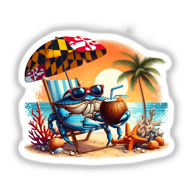 Beachy Blue Crab at Sunset decal features a whimsical blue crab in sunglasses lounging on a striped deck chair, sipping a coconut drink under a Maryland-inspired umbrella near a serene ocean sunset.
