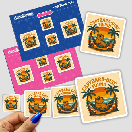 Capybara-dise Found Sticker or Clipart features a whimsical capybara amidst tropical elements, embodying playful pun art. Available as stickers or digital artwork with commercial rights from Decal Venue.