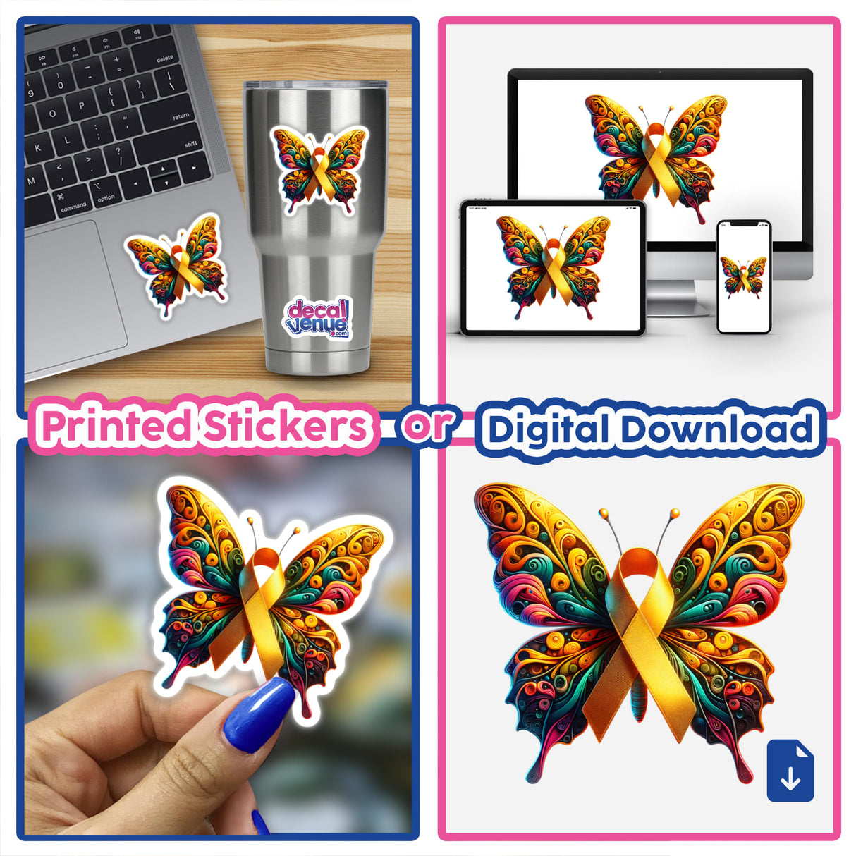 Butterfly Yellow Awareness Ribbon sticker on laptop, showcasing intricate butterfly design with yellow ribbon. Available as a unique sticker or digital artwork from Decal Venue.