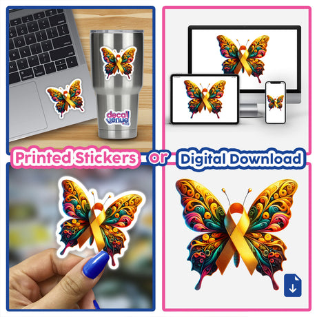 Butterfly Yellow Awareness Ribbon sticker on laptop, showcasing intricate butterfly design with yellow ribbon. Available as a unique sticker or digital artwork from Decal Venue.