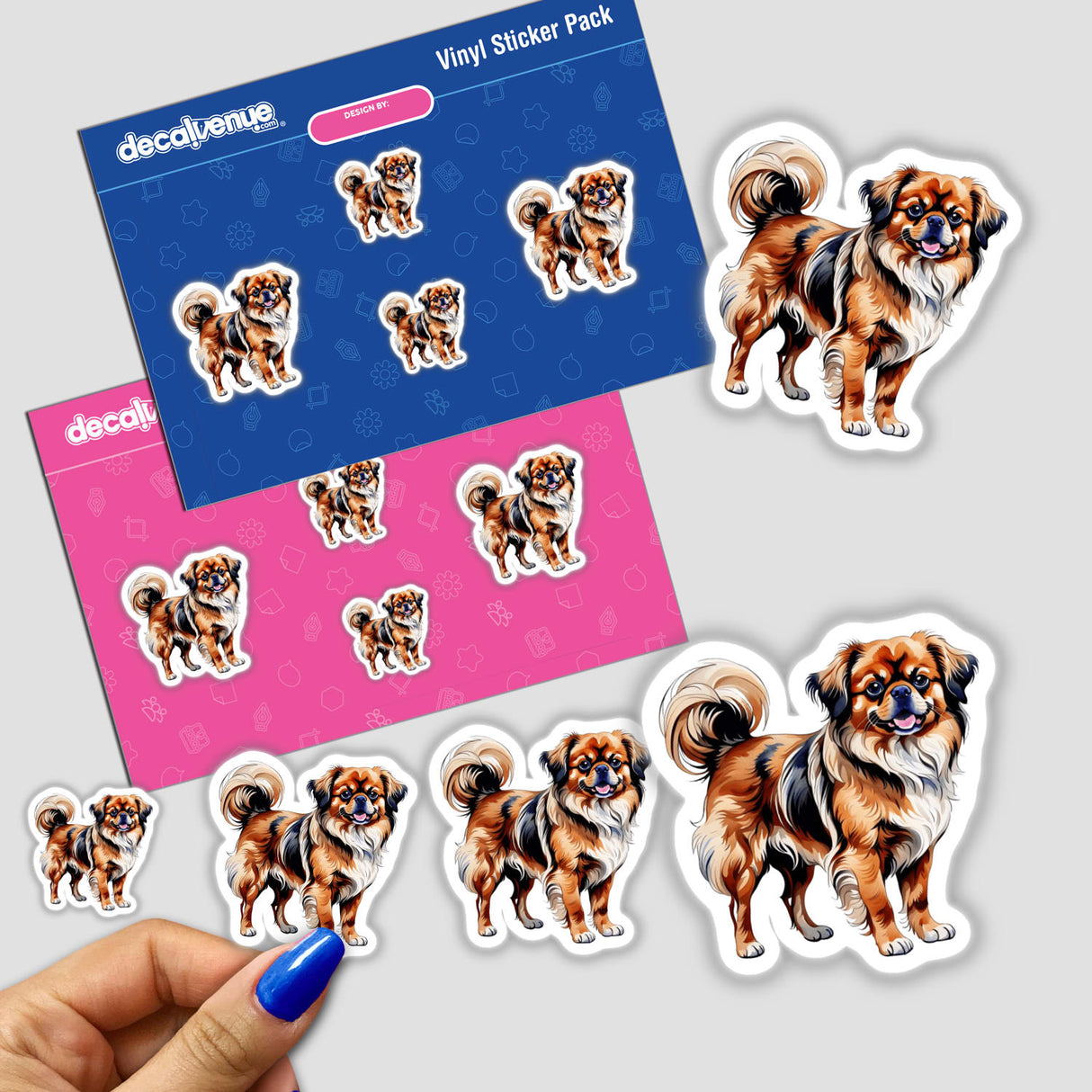 Tibetan Spaniel Dog Watercolor Clipart & Stickers – Commercial Rights; features multiple dog stickers and digital artwork, emphasizing detailed, close-up illustrations of Tibetan Spaniel dogs in various poses.