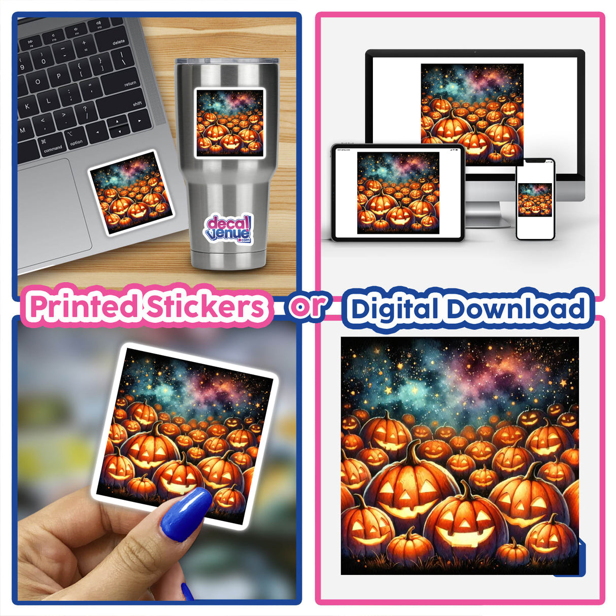 Collage showcasing Pumpkin Patch - Glowing Jack-o'-Lanterns Watercolor as stickers or digital artwork, featuring pumpkins, laptops, and a person painting on a phone.