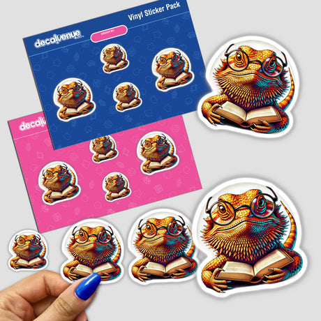 Bearded Dragon With Reading Glasses Open Book sticker pack, featuring a cartoon lizard engrossed in a book. Available as fun vinyl stickers or digital artwork from Decal Venue.