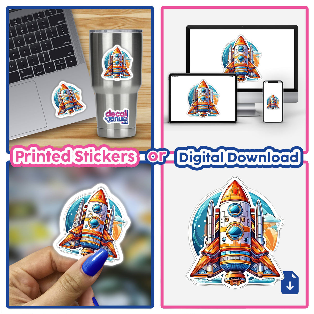 Colorful digital artwork of a retro-styled space rocket depicted on various surfaces including a laptop, electronic devices, and as a sticker.