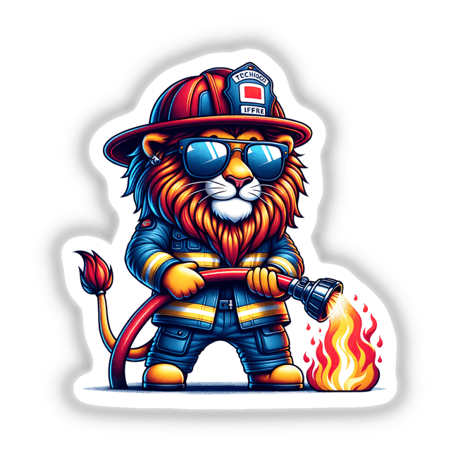 Cartoon lion firefighter in protective gear, holding a fire hose, battling a blaze, featured against a white background in the image.