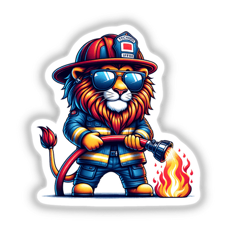 Cartoon lion firefighter in protective gear, holding a fire hose, battling a blaze, featured against a white background in the image.