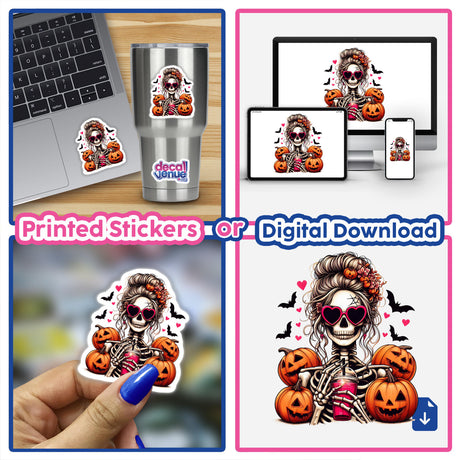 Spooky skeleton lady with pumpkins and bats - Halloween digital artwork and stickers from Decal Venue, featuring a colorful, festive design for decorating devices, apparel, and more.