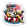 Cartoon of a tiger wearing sunglasses and holding a beer bottle while lounging on a float, titled Mountain Lion American Flag Float Merica. Available as stickers or digital artwork.