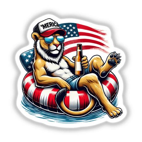 Cartoon of a tiger wearing sunglasses and holding a beer bottle while lounging on a float, titled Mountain Lion American Flag Float Merica. Available as stickers or digital artwork.