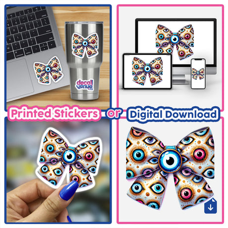 Decorative evil eye pattern bow illustration on digital artwork and printed stickers, displayed on a laptop, phone, and in a person's hand.