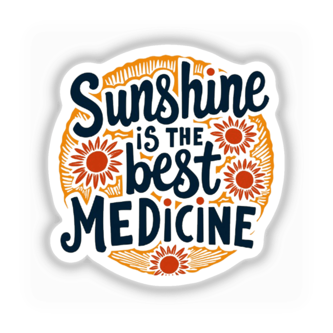 Sunshine is the Best Medicine Digital Clipart showing a retro sunflower logo with text, available as stickers or commercial rights download.