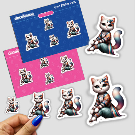 Fashionable Cat stickers featuring a cartoon cat in various poses, including a close-up of a finger applying a sticker. Available as stickers or digital artwork from Decal Venue.