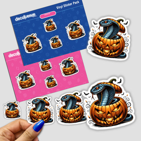 Colorful Halloween digital stickers featuring a cobra snake peeking out of an elaborately carved pumpkin, created by Decal Venue.