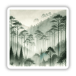 Forest Mystique - Watercolor Trees in Misty Fog: A serene painting of trees in a foggy forest, available as stickers or digital artwork, capturing a tranquil, nature-inspired scene.