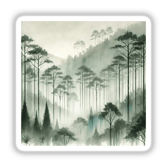 Forest Mystique - Watercolor Trees in Misty Fog: A serene painting of trees in a foggy forest, available as stickers or digital artwork, capturing a tranquil, nature-inspired scene.