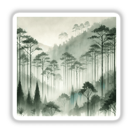 Forest Mystique - Watercolor Trees in Misty Fog: A serene painting of trees in a foggy forest, available as stickers or digital artwork, capturing a tranquil, nature-inspired scene.