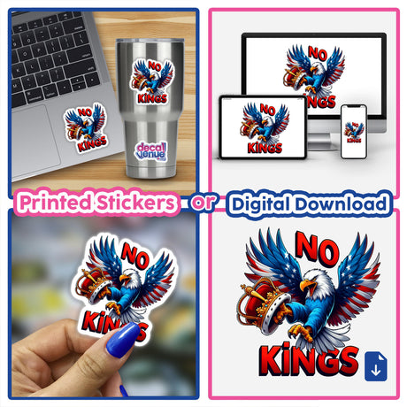 No Kings American Bald Eagle vinyl sticker on a laptop, showcasing a detailed close-up of the design. Available as both a sticker and digital artwork from Decal Venue.