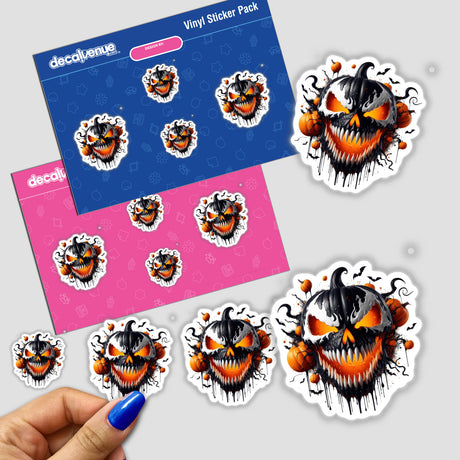 Spooky Evil Pumpkin Face sticker featuring a menacing pumpkin with a skull, surrounded by smaller pumpkins.