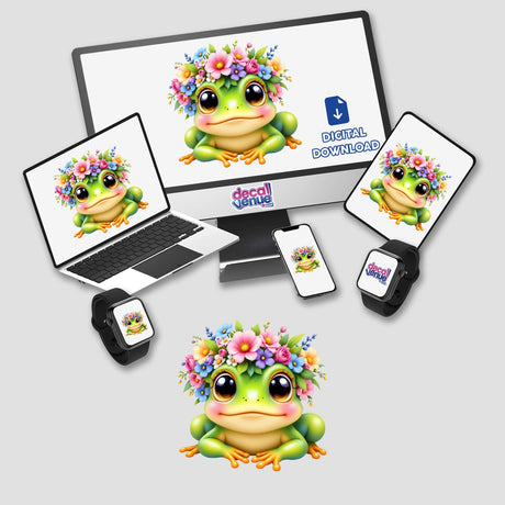 Playful Frog Wearing a Colorful Floral Crown displayed on a laptop, smart watch, and phone, highlighting its versatility as unique stickers or digital artwork from Decal Venue.