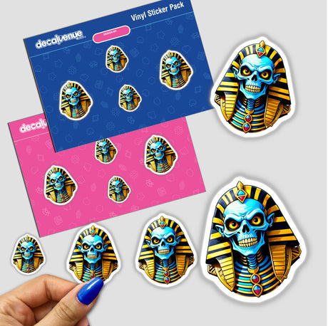 A Cool Egyptian Pharaoh Skull sticker depicting a cartoon skeleton in pharaoh attire, available as a vinyl sticker or digital art from Decal Venue.