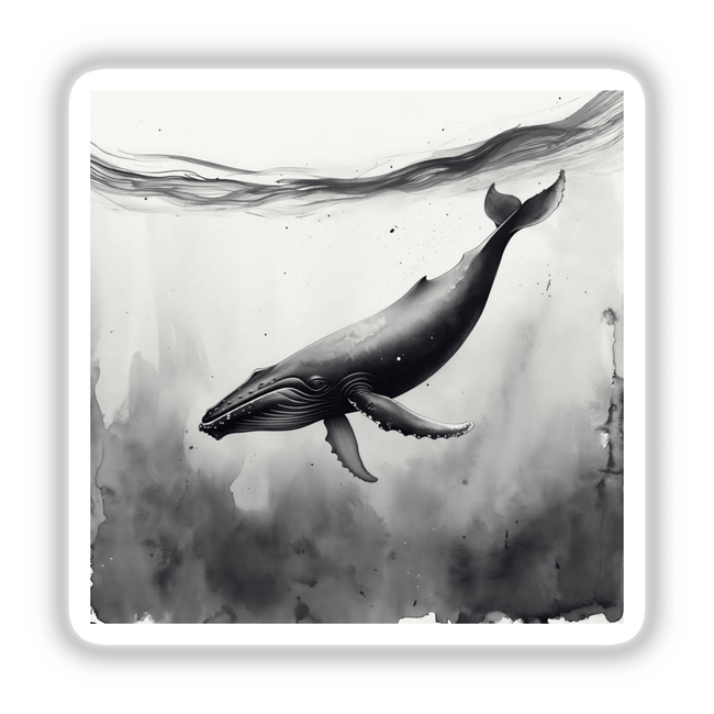 Sumi-e Whale Beneath Ocean Waves Japanese Ink and Wash Painting available as stickers or digital artwork, featuring a serene whale gracefully swimming beneath stylized ocean waves in traditional ink wash style.