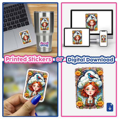 Mystical Tarot Card Girl Sticker featuring a cartoon girl with red hair and a bird on her head, perfect for tarot fans. Available as stickers or digital artwork.