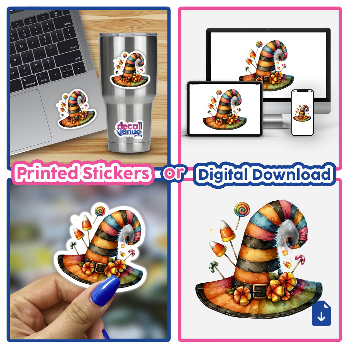 Halloween Hat with Candy sticker on a laptop, featuring a cartoonish design. Available as a sticker or digital artwork from Decal Venue, known for unique stickers and digital art.