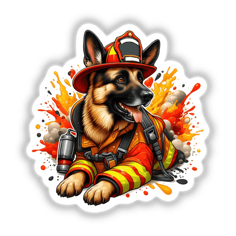 German Shepherd Firefighter Dog depicted in a cartoon style, wearing a full firefighter uniform. Available as stickers or digital artwork, ideal for fans of unique vinyl stickers and digital art.