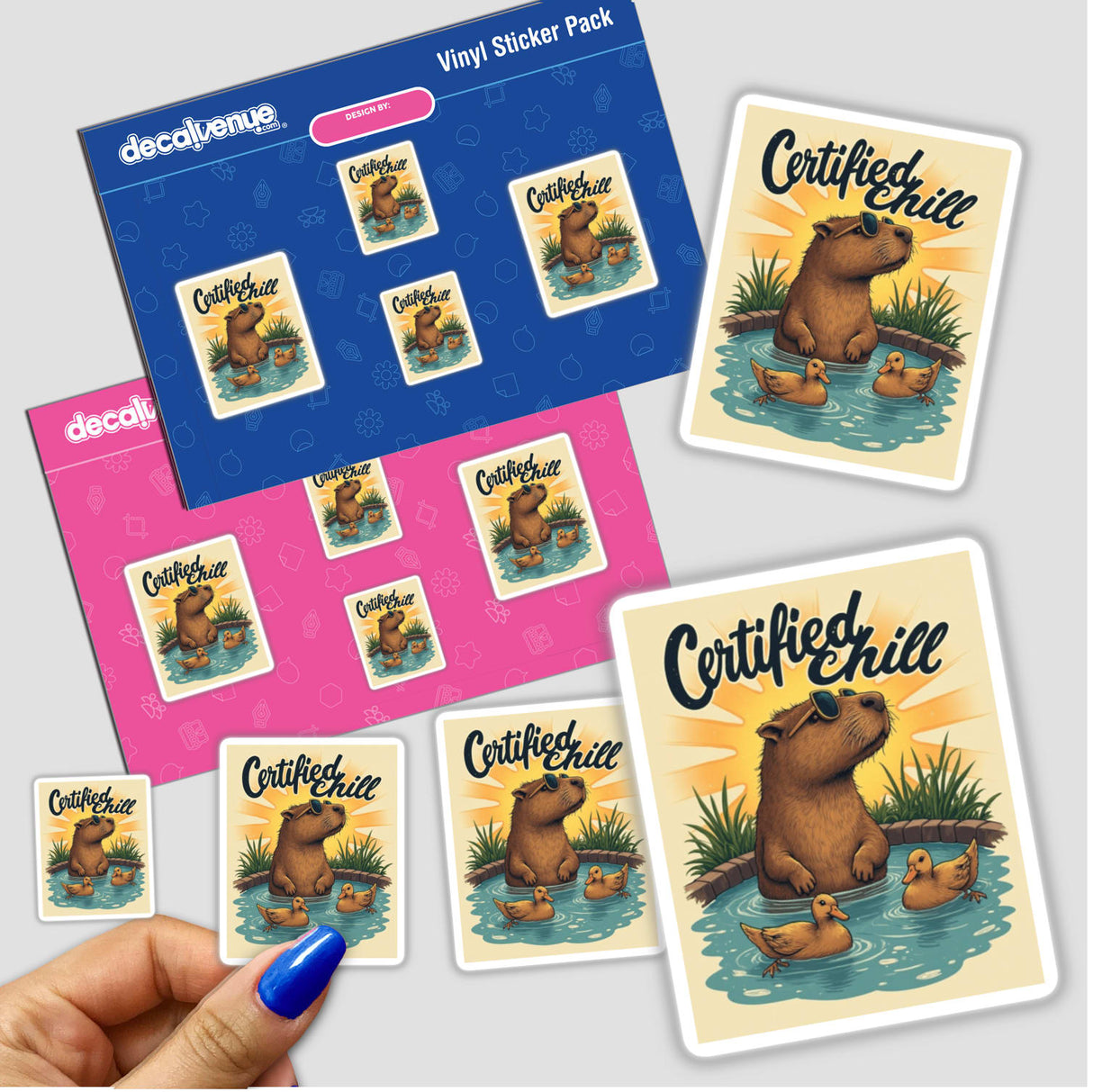Certified Chill Sticker or Clipart featuring a cartoon capybara in a hot tub with ducks, showcasing a playful design. Available as stickers or digital artwork with commercial rights.