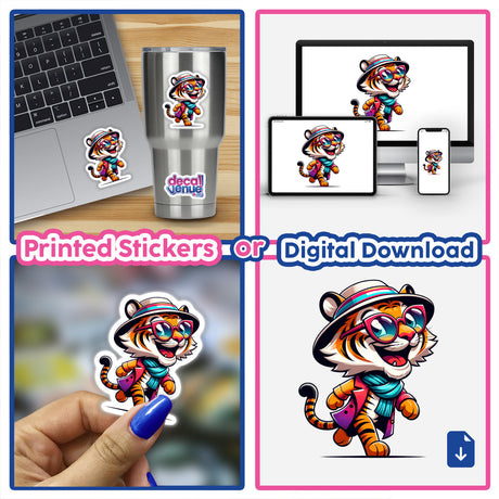Sticker collage featuring Trendy Tiger in various scenarios: on a laptop, cup, and hand. The cartoon tiger wears sunglasses and a hat. Available as stickers or digital artwork.