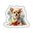 Adorable Chihuahua Clipart – Sticker or Download with Commercial Rights: A chihuahua wearing a blue scarf, holding a red apple in its mouth. Available as digital artwork.