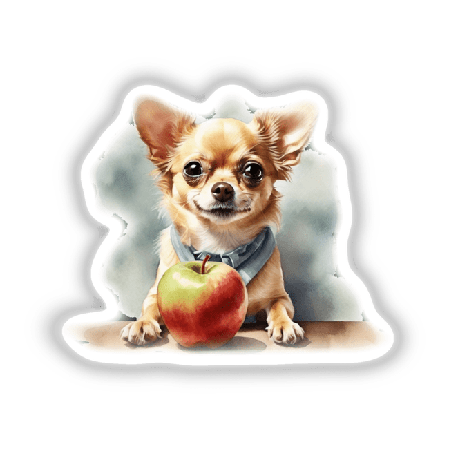 Adorable Chihuahua Clipart – Sticker or Download with Commercial Rights: A chihuahua wearing a blue scarf, holding a red apple in its mouth. Available as digital artwork.