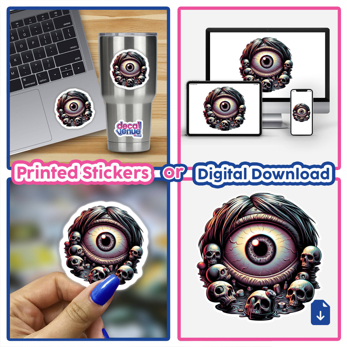 Colorful digital artwork of a striking eye surrounded by intricate designs and elements, including skulls, offered as printed stickers or digital download by Decal Venue, an online store specializing in unique stickers and digital art created by talented designers.