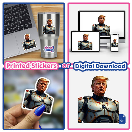 Collage featuring a laptop and a sticker depicting 'Futuristic President Donald Trump.' Available as stickers or digital artwork, showcasing Decal Venue's unique vinyl sticker and digital art offerings.