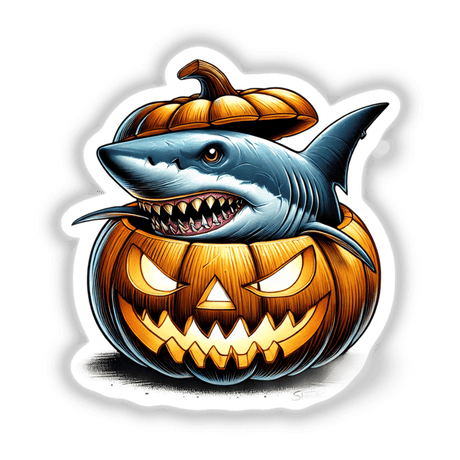 Spooky Halloween pumpkin with a fierce shark peeking out, digital artwork for stickers or downloads