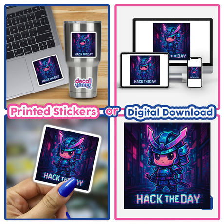 Hack The Day Chibi Cyberpunk Sticker or Clipart showcases a motivational anime character in a futuristic style, available as stickers or digital artwork with commercial rights.