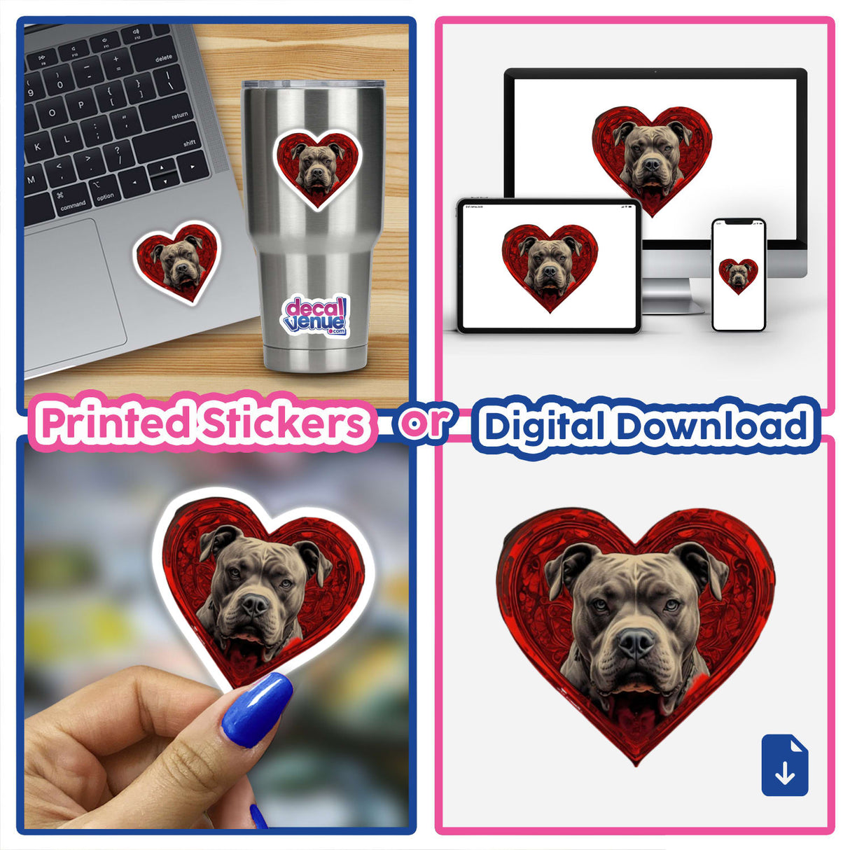 Pitbull Heart Clipart | Dog Lover Sticker or Commercial Use Download: Collage featuring heart-shaped stickers with a Pitbull image, shown on a laptop and stainless steel cup, plus close-up views.