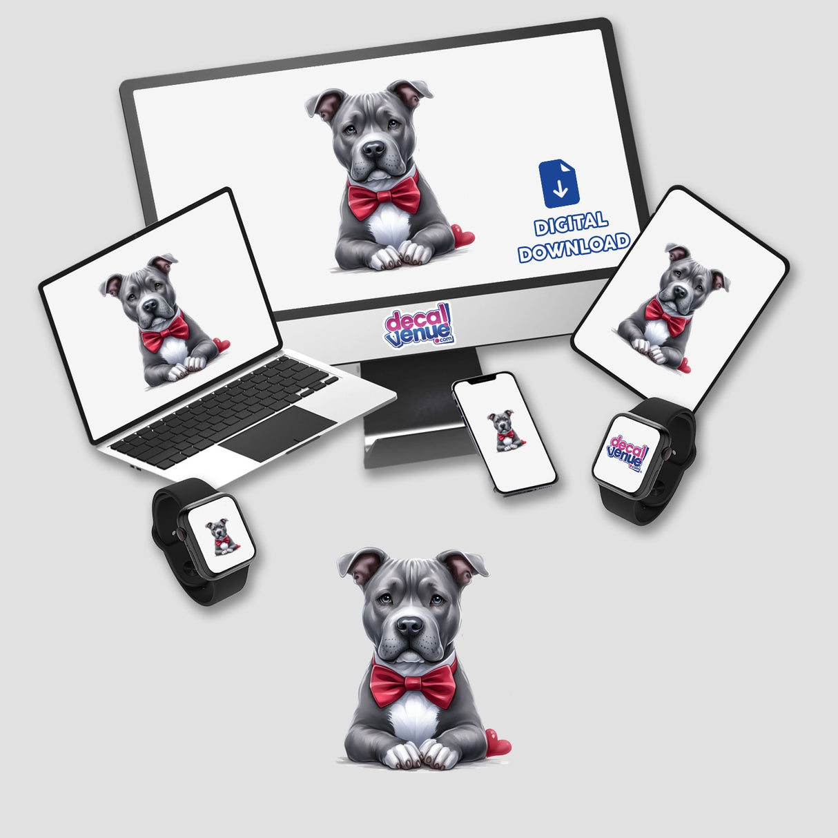 Adorable gray pitbull puppy wearing a red bow tie, digital artwork by Pittie Pawty for Decal Venue's sticker collection