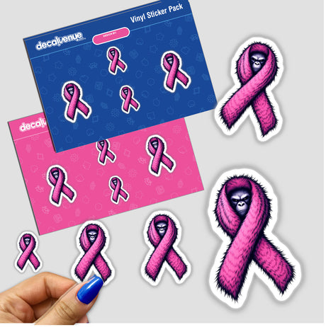 Sasquatch Face Fuzzy Pink Ribbon Breast Cancer Awareness sticker featuring a gorilla with a pink scarf, available as unique vinyl stickers or digital artwork.