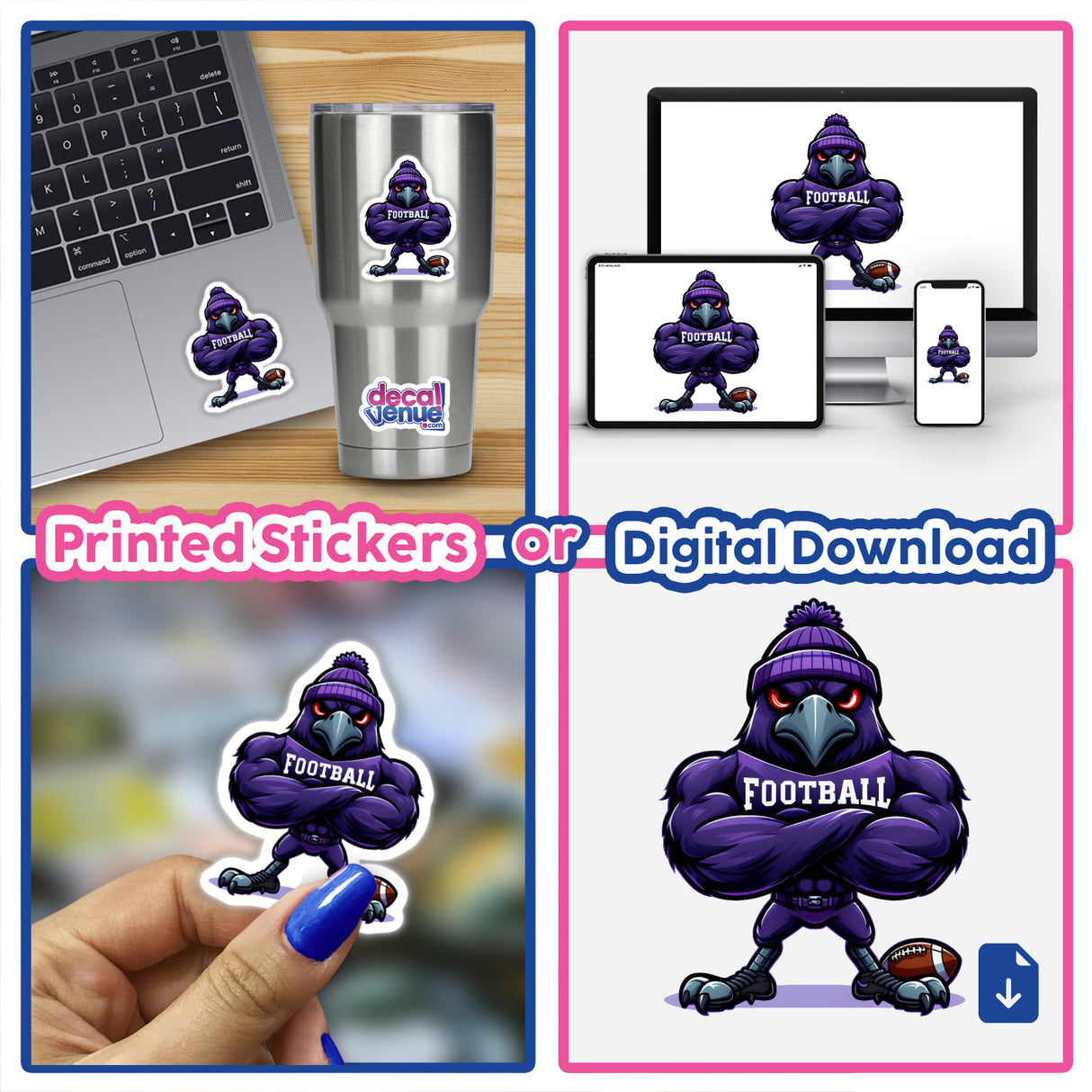 Purple Raven Bird with Football mascot shown as vinyl stickers on a laptop and tumbler, and as a digital download on screens, emphasizing versatile options from Decal Venue.