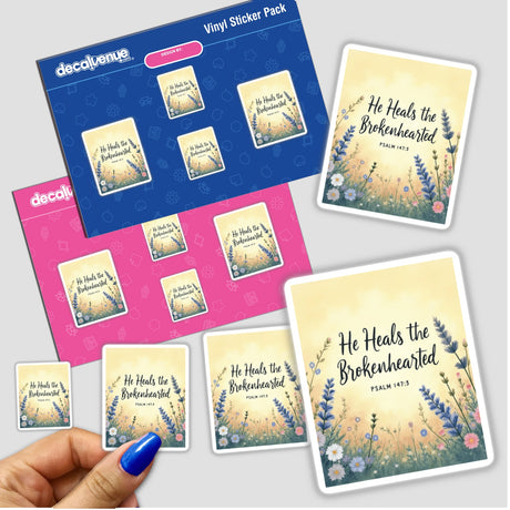 Fauvist Spring Lavender “He Heals the Brokenhearted” Psalm 147:3 Sticker or Clipart featuring floral motifs and text, available as stickers or digital artwork, showcasing unique design elements.