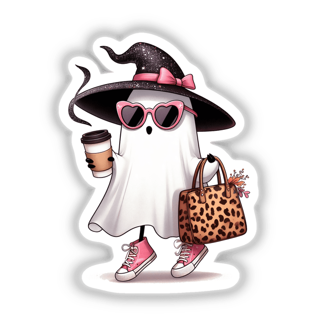 Boujee Ghost Leopard Tote and Sneakers featuring a cartoon ghost holding a bag and coffee cup, with additional illustrations of a dog, pink shoe, hat, and bow. Available as stickers or digital artwork.