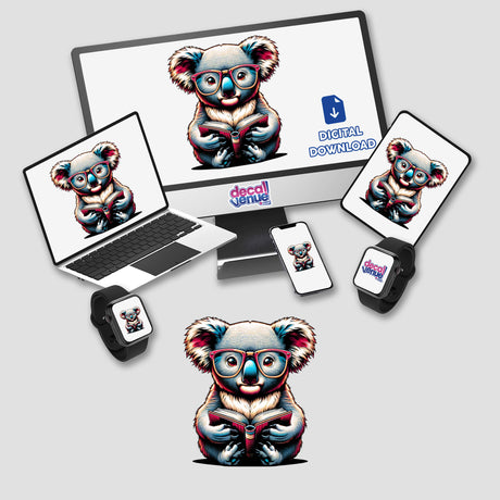 Koala Bear With Reading Glasses Open Book stickers or digital artwork, featuring a cartoon koala intently reading displayed on a computer monitor and laptop screen.