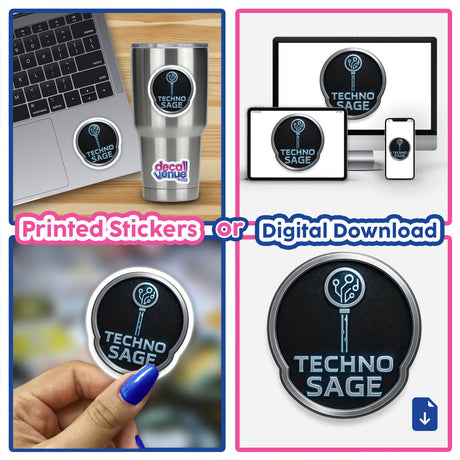 Techno Sage – RPG-Style Skill Badge features a silver and blue circuit crest, available as vinyl stickers or digital artwork, embodying Decal Venue's unique design ethos.